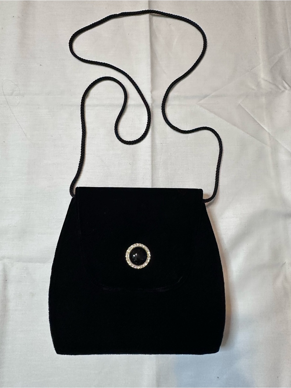 Black Velvet Crossbody Bag with Rhinestone Accent
